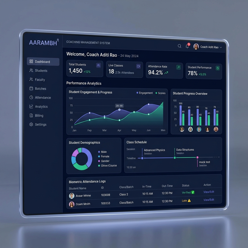 Aarambh Coaching Management Software Dashboard